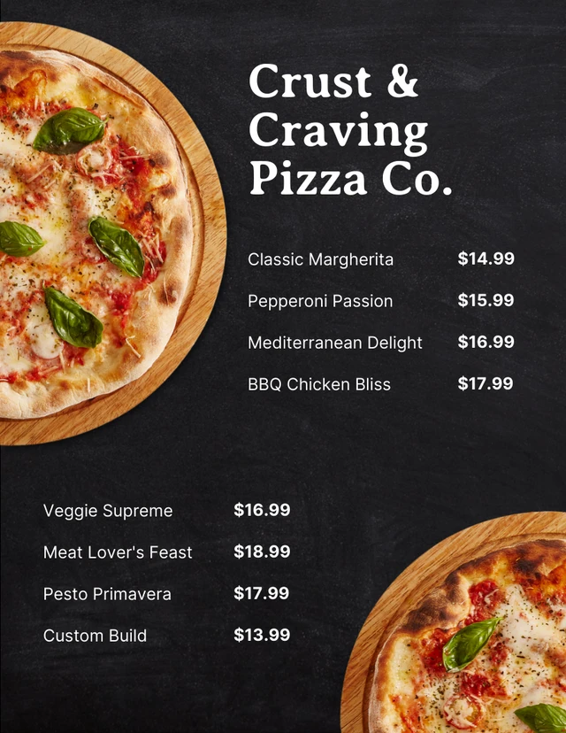 Dark Grey Minimalist Pizza Menu Template