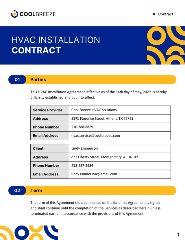 HVAC Installation Contract Template - Page 1