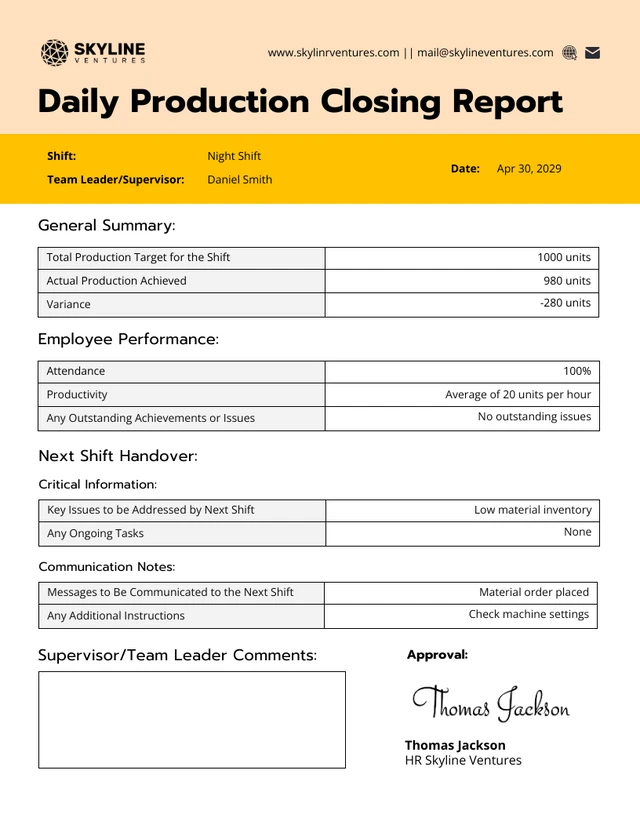 Daily Production Closing Report Template