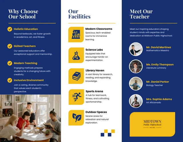 Blue And Yellow Moder School Tri-fold Brochure - Page 2