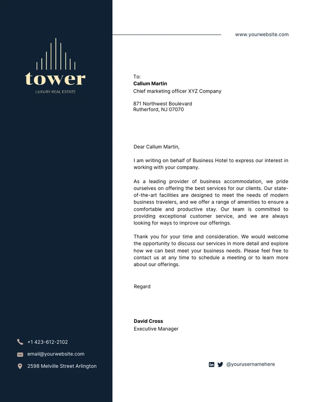 White And Dark Blue Minimalist Hotel Business Letterhead
