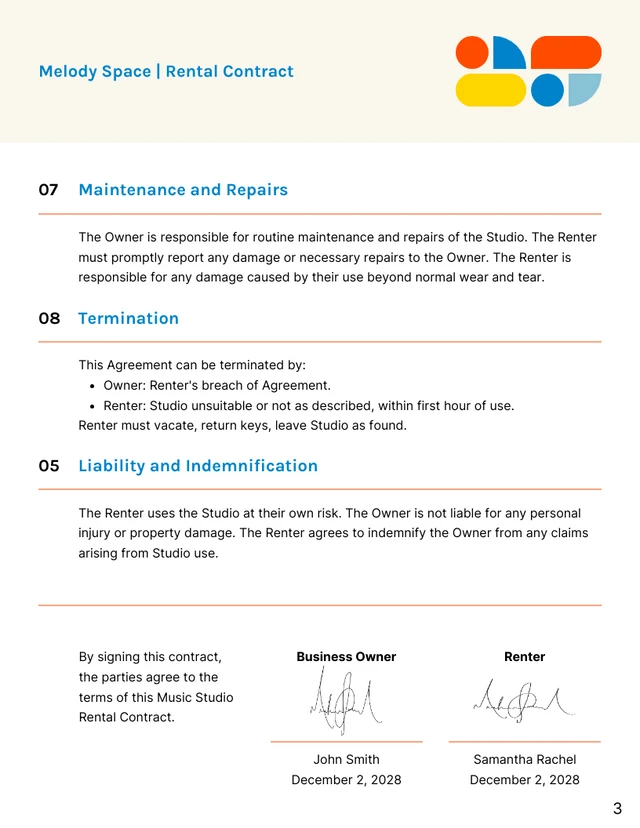 Music Studio Rental Contract Template - Page 3