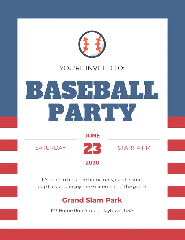 White And Blue Stripes Baseball Party Invitation Template