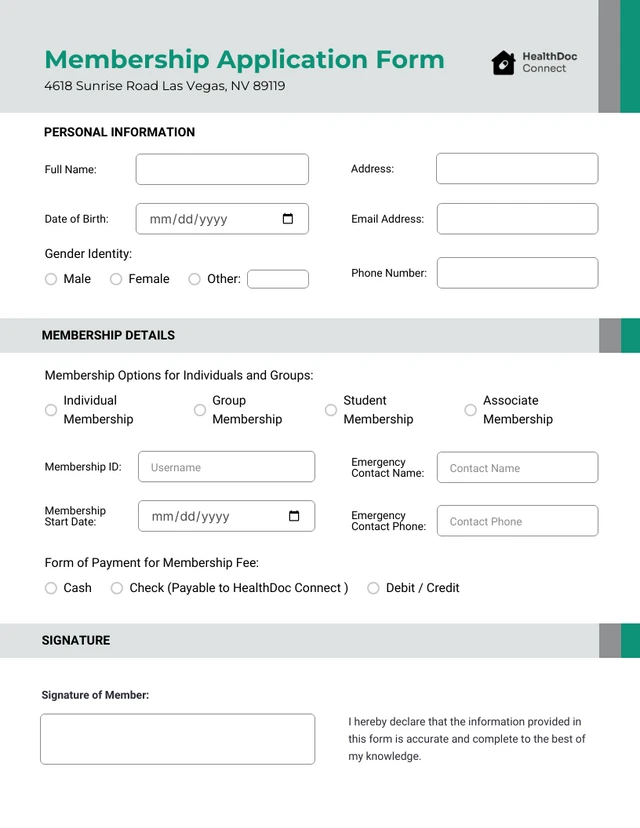 Green And Gray Modern Membership Form Template