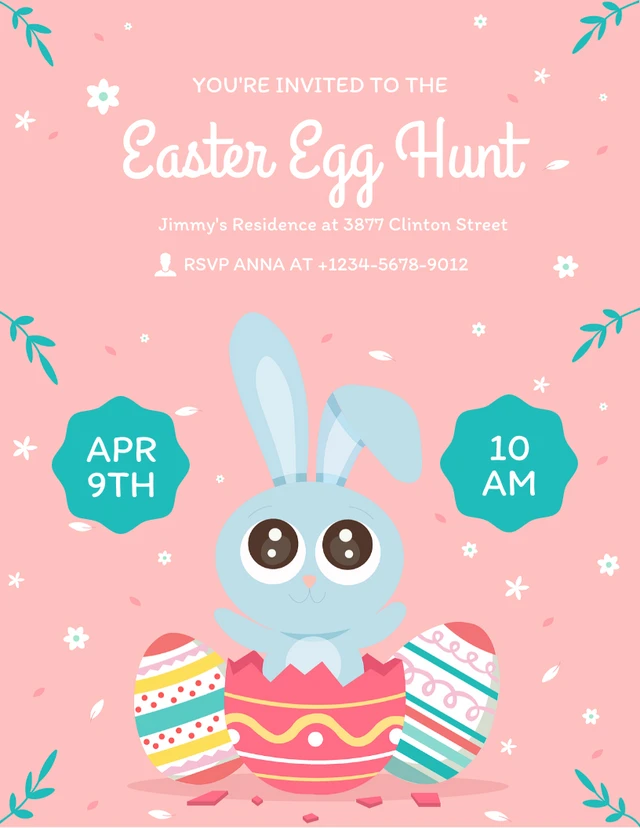 Pink And Teal Cute Illustration Easter Egg Hunt Invitation Template