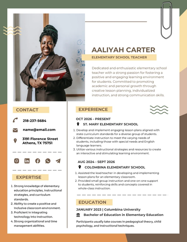 Simple Elementary Teacher Education Resume Template