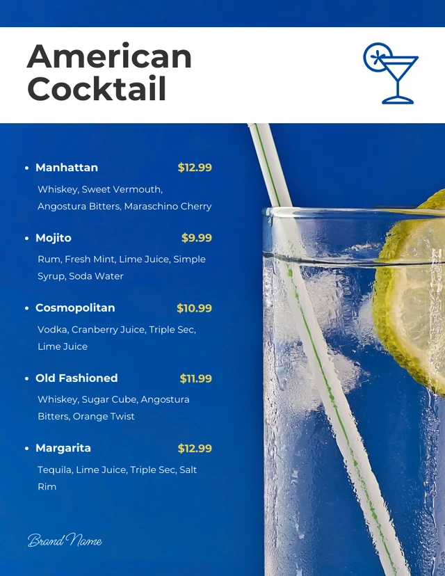 Royal Blue Modern Cocktail Menus Template