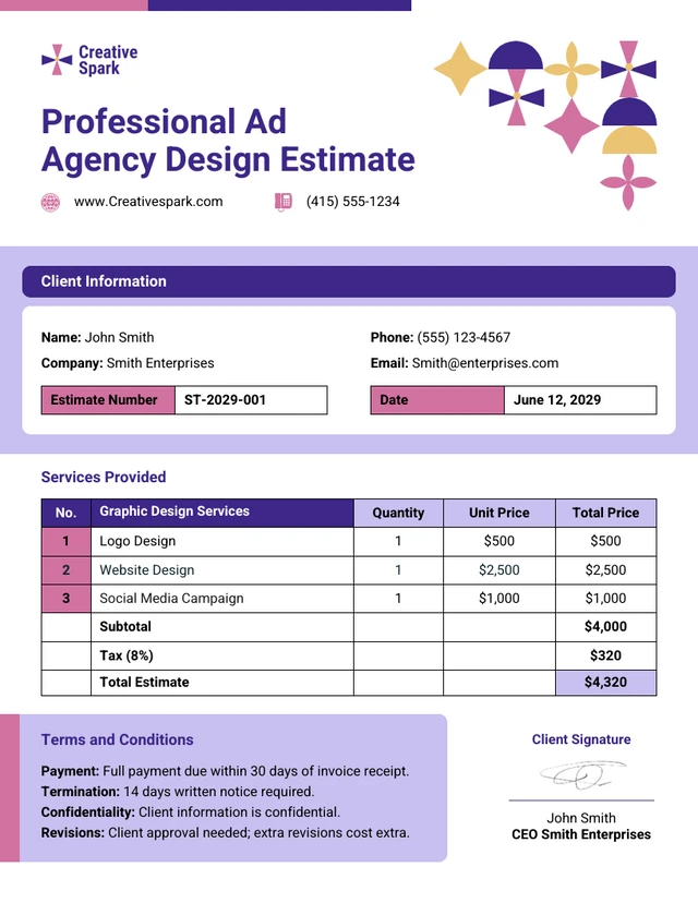 Professional Ad Agency Design Estimate Template