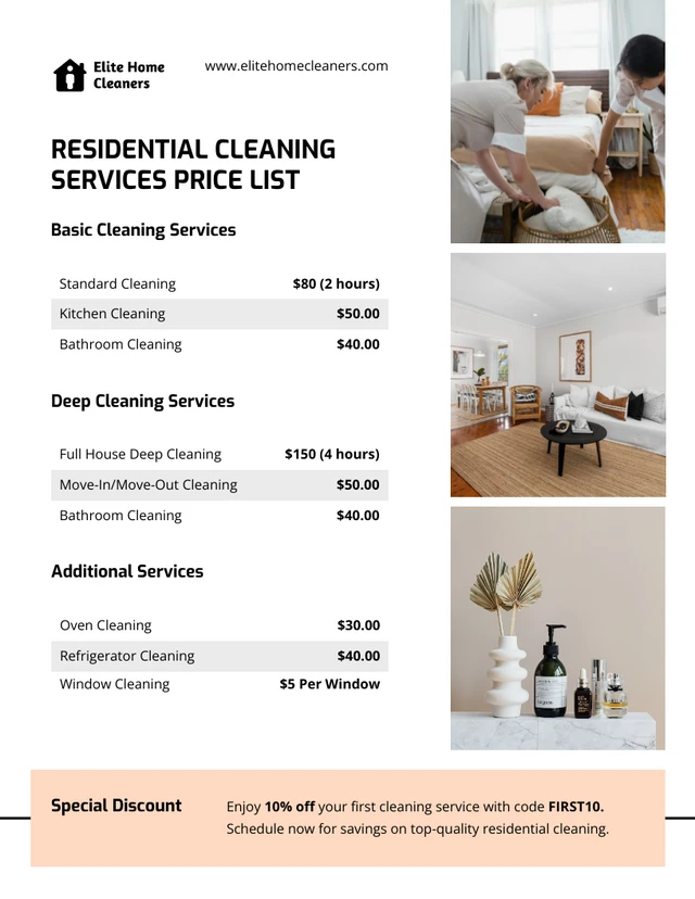 Residential Cleaning Services Price List Template