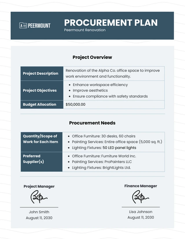 Simple Dark Blue Procurement Plans Template