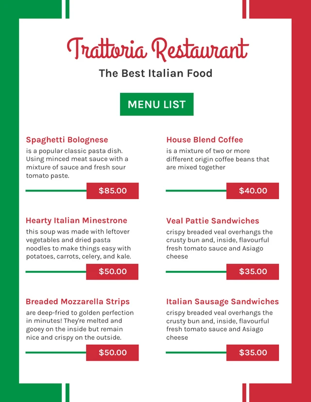 Green And Red Simple Modern Italian Restaurant Menu Template