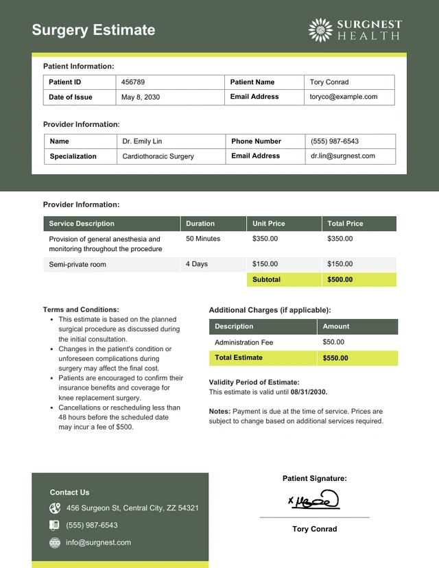 Surgery Estimate Template