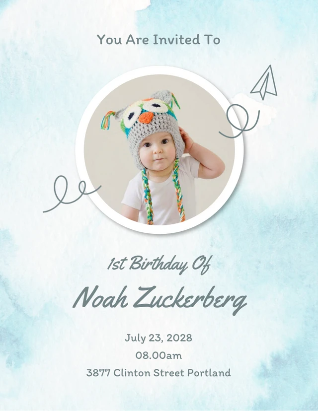 Blue Modern Watercolor Playful Baby 1st Birthday Invitation Template