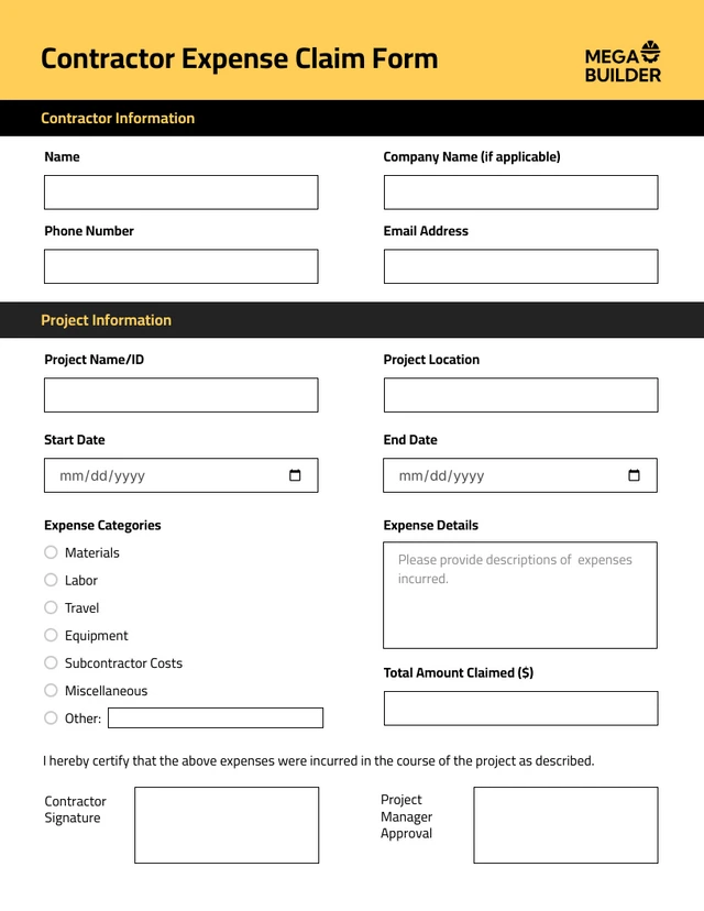 Modern Minimalist Yellow Black Design Contractor Forms Template