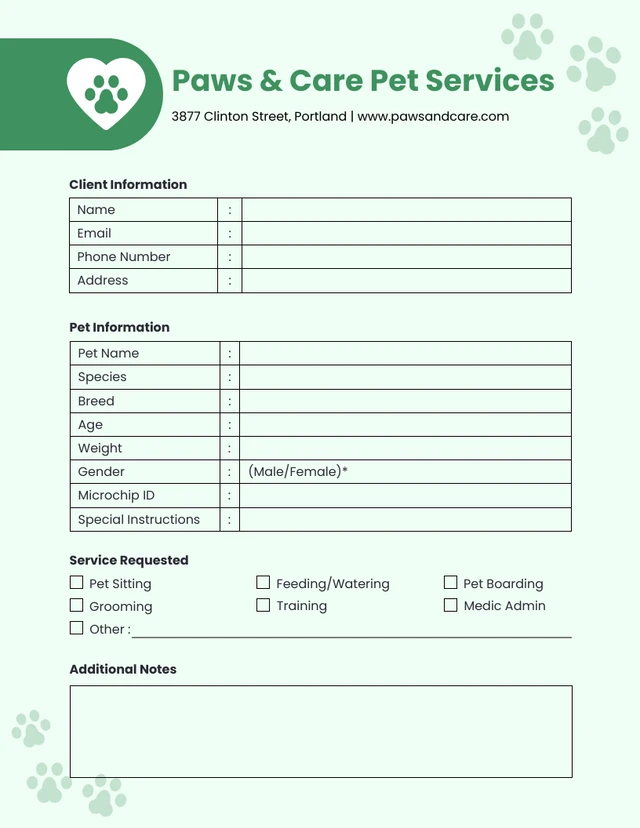 Mint And Green Minimalist Pet Service Form Template