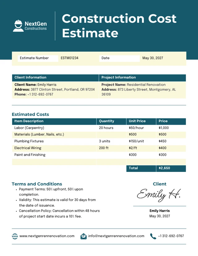 Itemized Construction Estimate Template