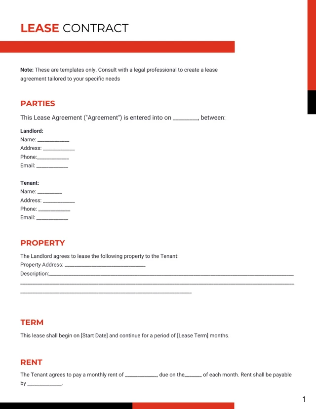 Clean Simple White, Red and Black Lease Contract - Page 1