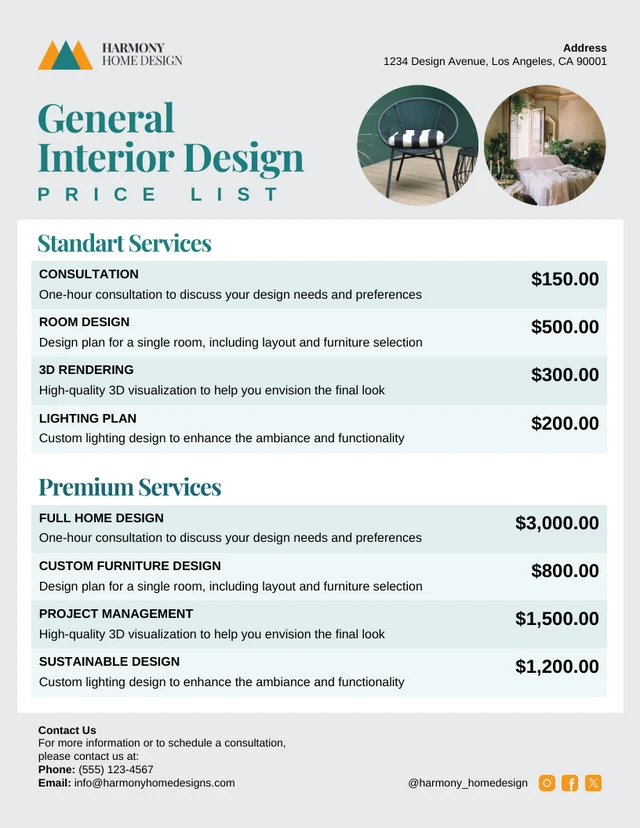 General Interior Design Price List Template