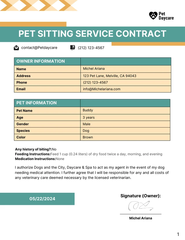 Pet Sitting Contract Template - Page 1