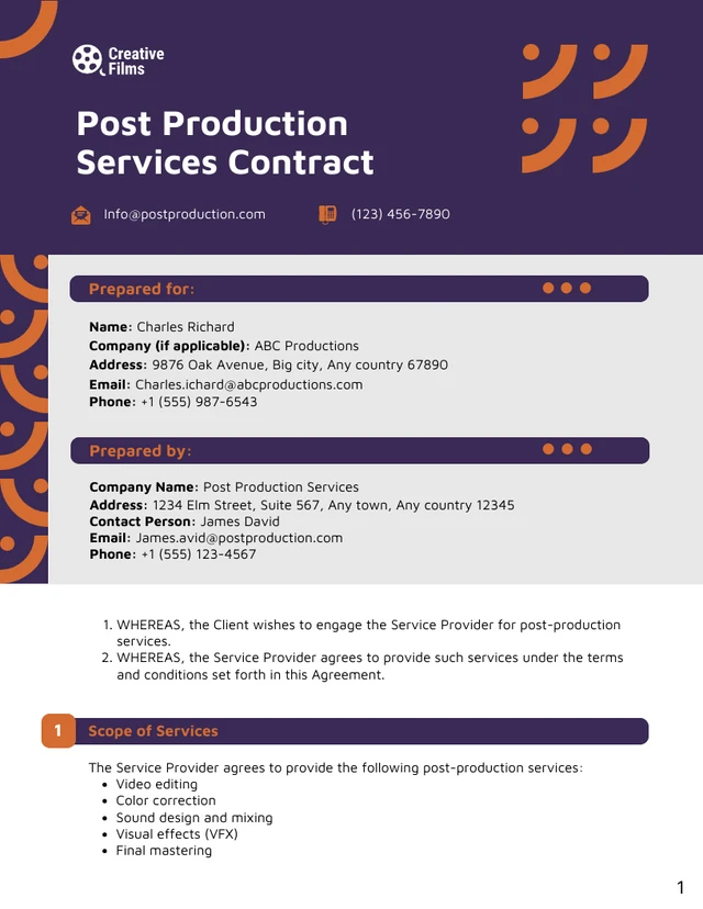 Post Production Contract Template - Page 1