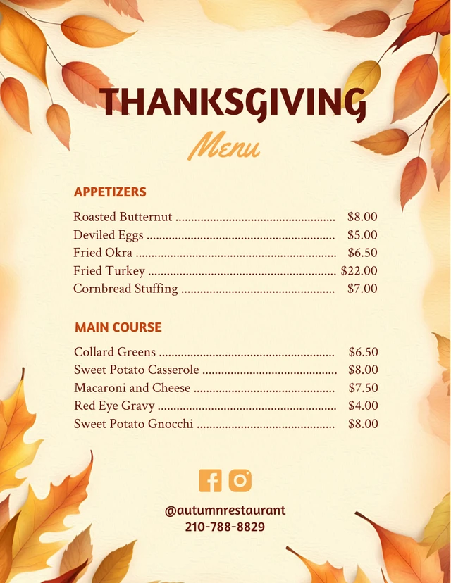 Light Yellow Classic Illustration Thanksgiving Menu Template