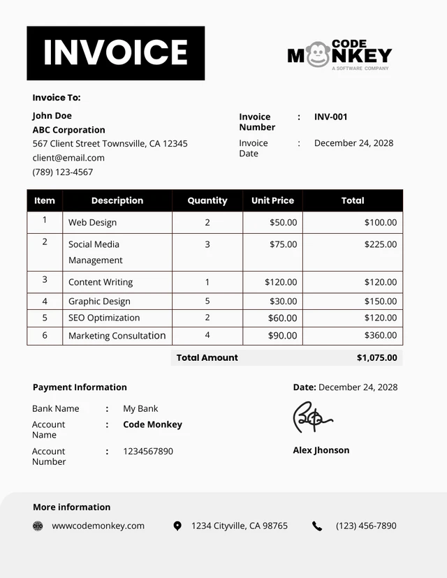 Simple Black and Grey Self-employed Invoice Template