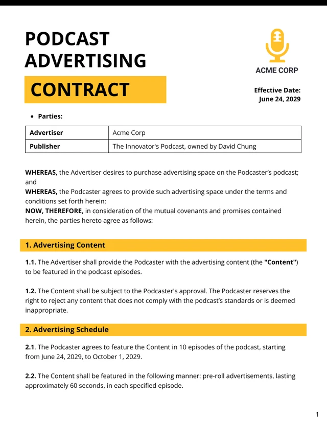 Podcast Advertising Contract Template - Page 1