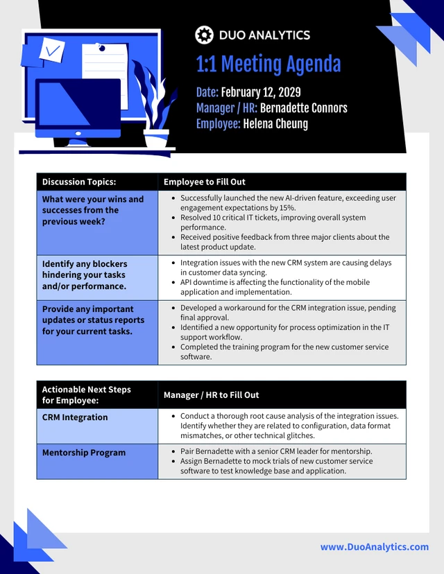 1:1 Meeting Agenda Itinerary for HR Professionals Template