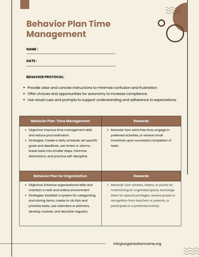 Chocolate Behavior Plan Time Management Template