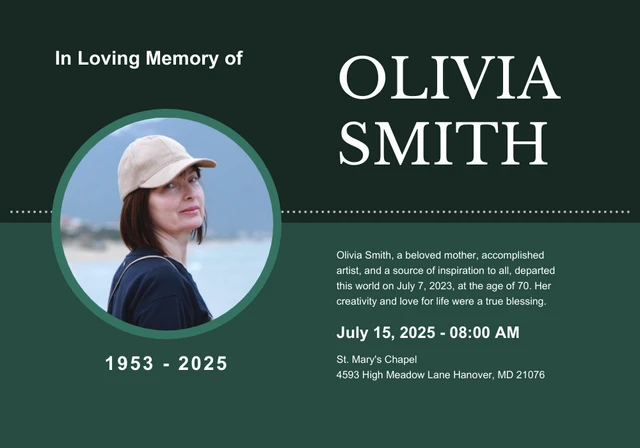 Dark Green Simple Obituary Cards Template