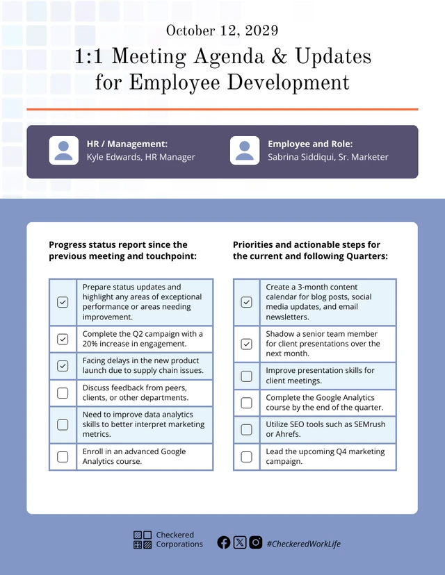 HR 1:1 Meeting Agenda for Employee Development Template