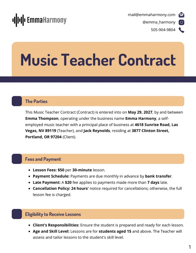 Music Teacher Contract Template - Page 1