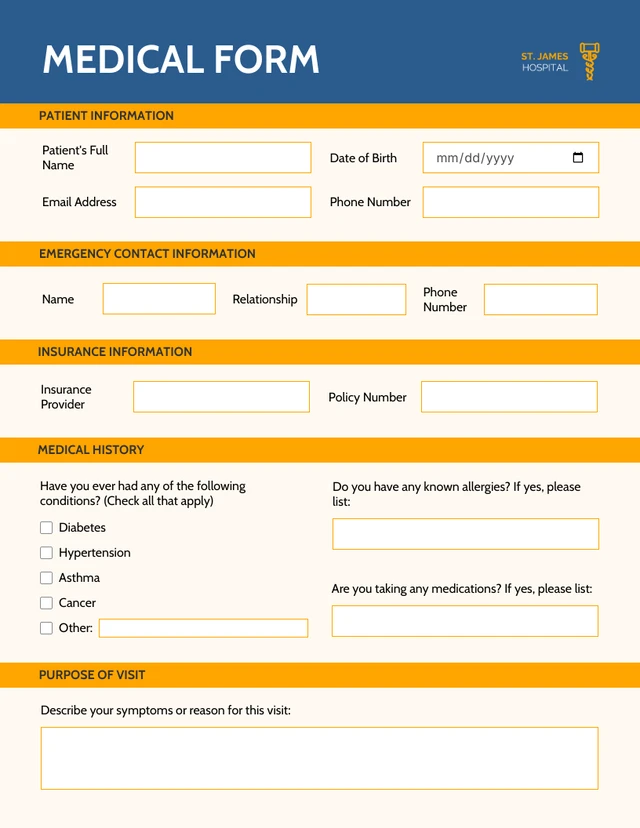 Simple Orange and Blue Medical Form Template