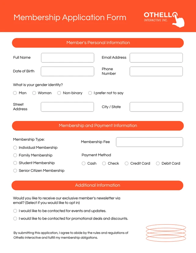 Modern Orange and White Membership Form Template