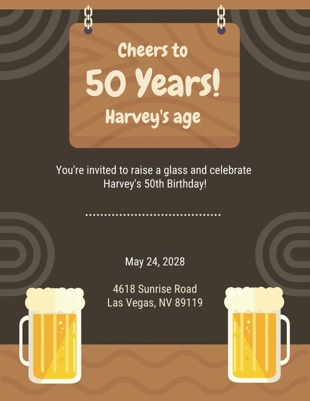 Brown Vintage Classic Retro Cheers 50th Birthday Invitation Template