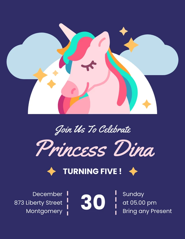 Blue Cute Playful Illustration Unicorn Princess Invitation Template