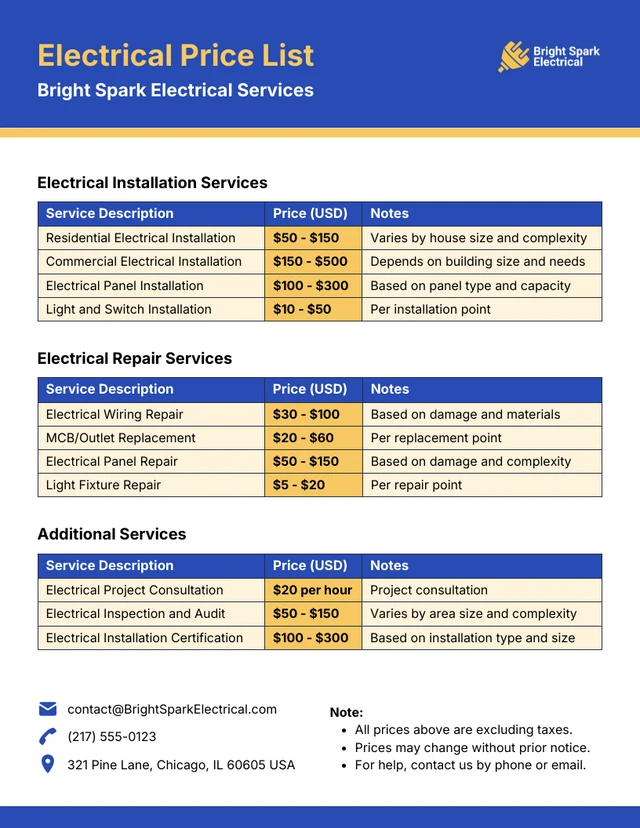 Electrical Price List Template