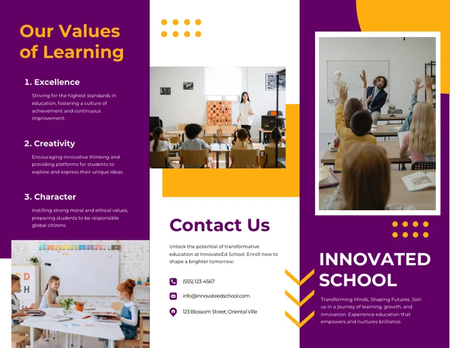 Modern Purple White and Yellow School Tri-fold Brochure - Page 1