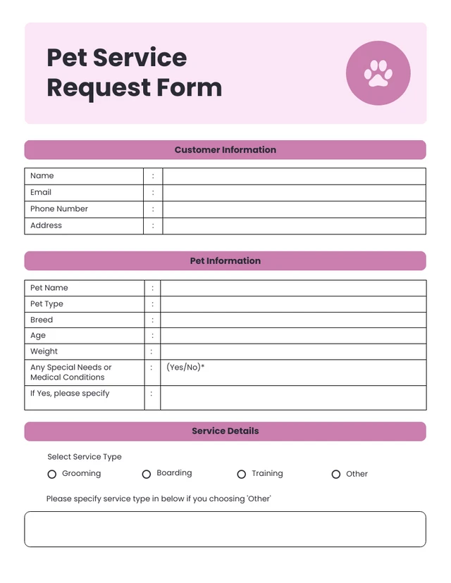 Simple Pink and White Pet Service Form Template