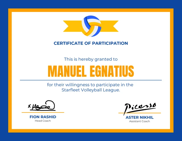 Blue And Orange Modern Professional Volleyball Sport Certificate Template