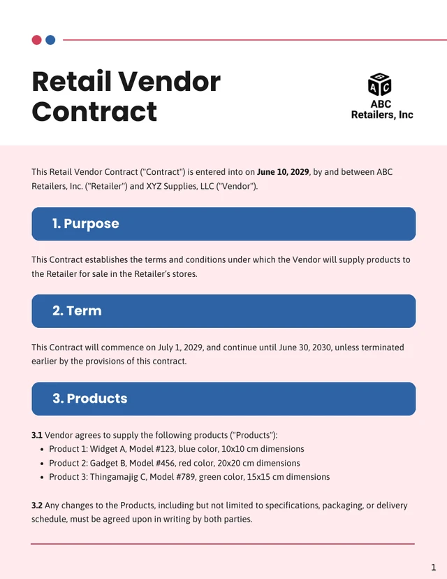 Retail Vendor Contract Template - Page 1