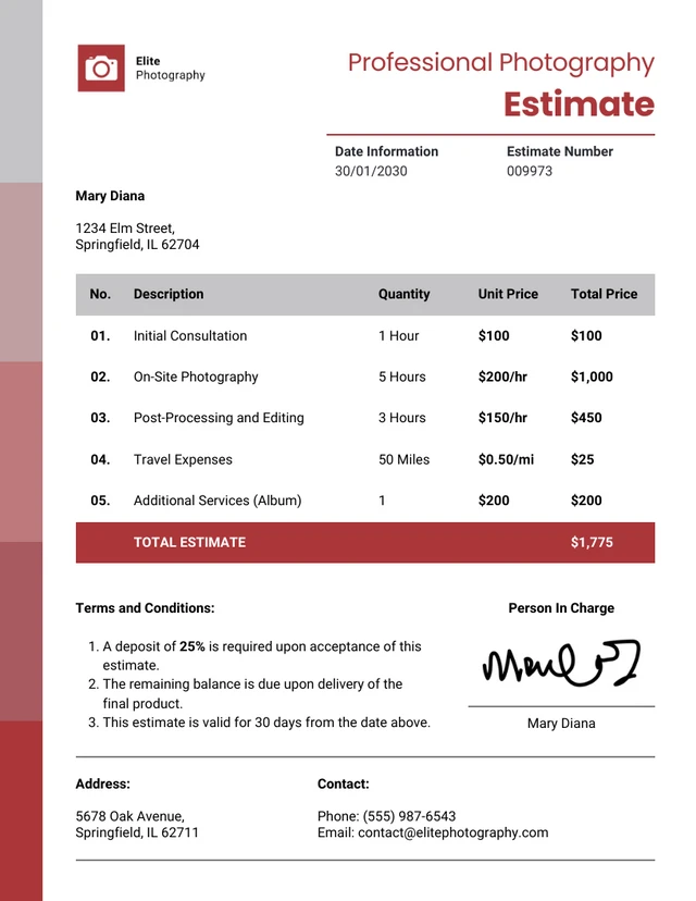 Professional Photography Estimate Template