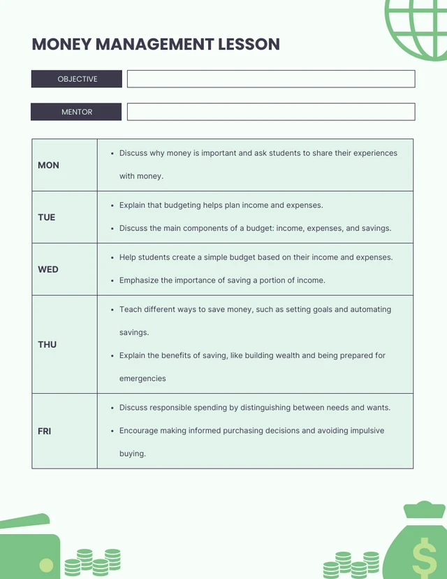 Green Minimalist Money Management Lesson Template