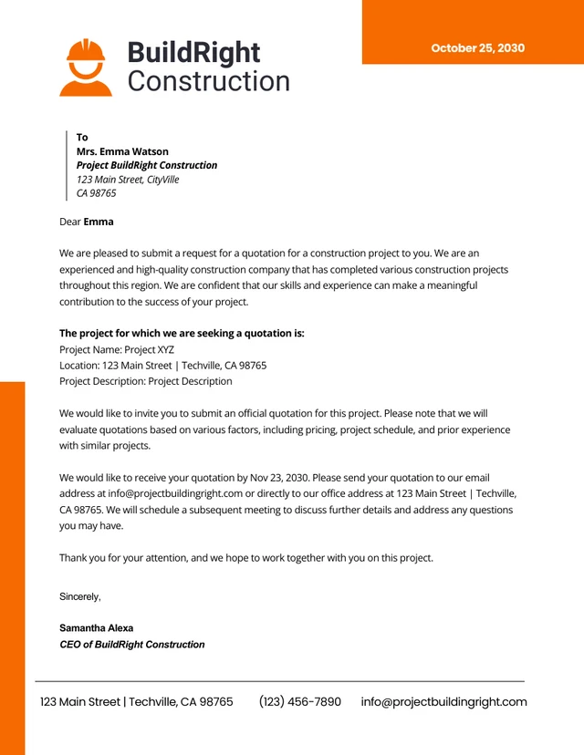 Clean Minimalist Simple White and Orange Construction Letterhead Template