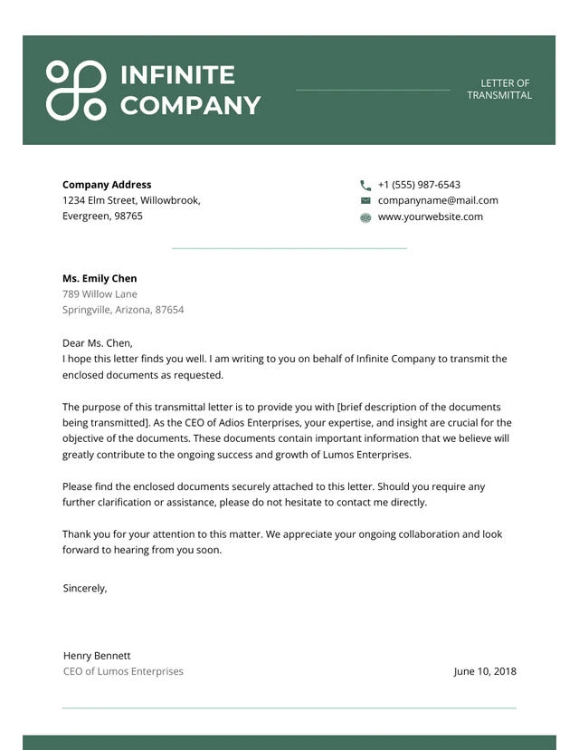 Dark Green Modern Transmittal Letter Template