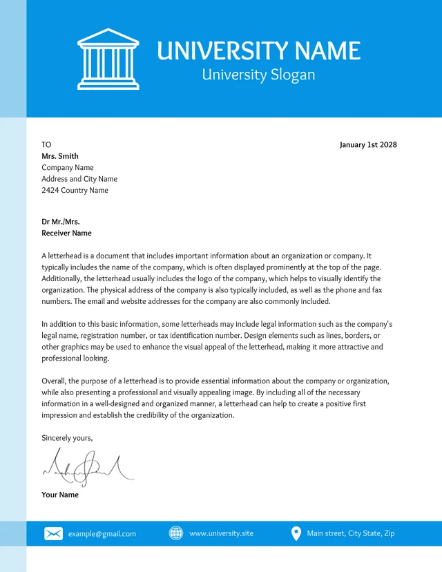 White And Light Blue Simple University Letterhead Template
