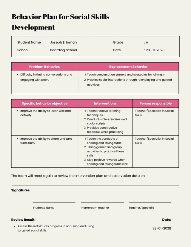 Beige Pink Behavior Plan for Social Skills Development Template