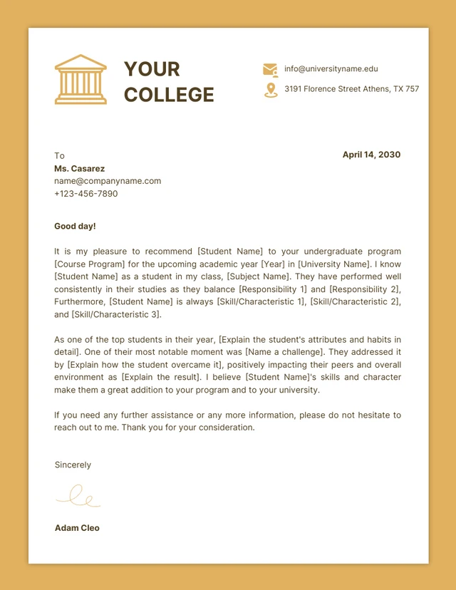 Gold And White Minimalist Professional College Letterhead
