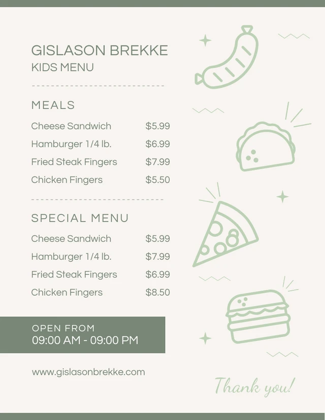 Beige And Green Simple Illustration Kids Menu Template