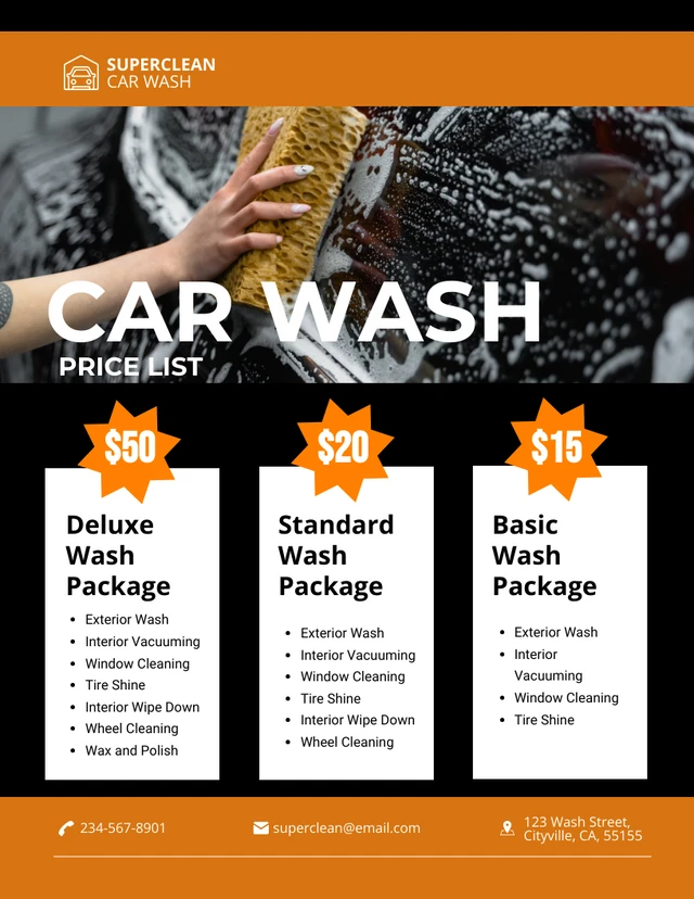 Dark and Orange Car Wash Price List Template